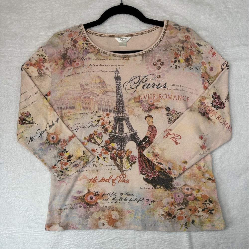 Christopher & Banks Paris Graphic Y2K Top Women L Peach Eiffel Tower Ribbed Knit